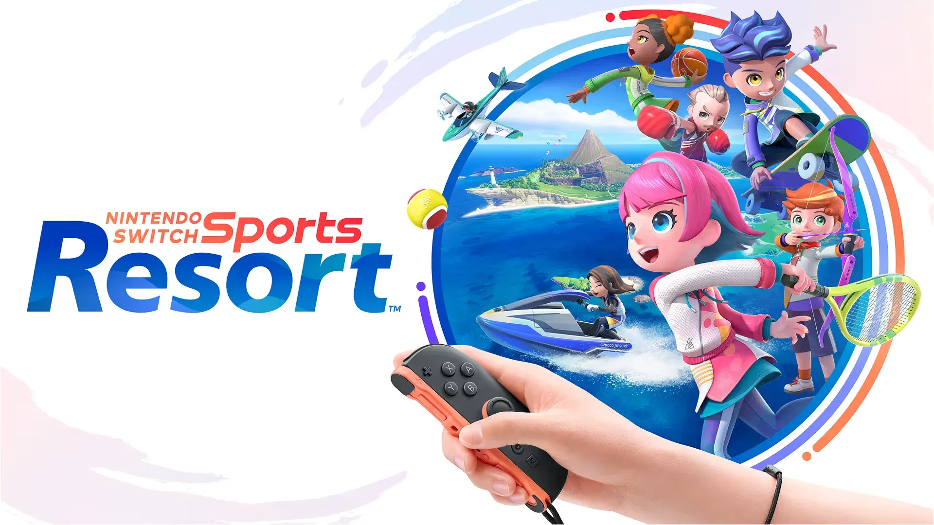 Nintendo Switch Sports Resort cover art: the game characters around Wuhu Island and a hand holding a Joy-Con with the wrist strap on